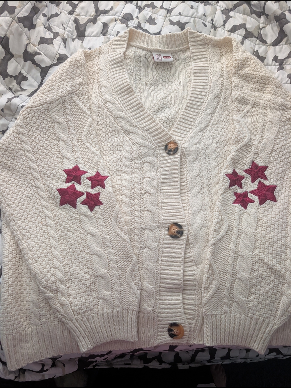 Taylor Cream Cable-Knit Cardigan with Pink Star Patches
